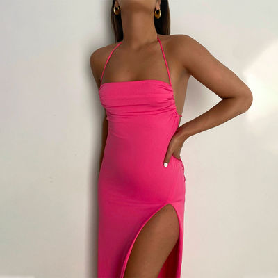 Langes Halter-Hals-Kleid Mode sexy Halter-Hals-Gürtel-Kleid schlankes Schnittkleid Frau
