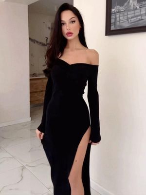 Solides Muster Kragen Bankett Langes Abendkleid Sexy Temperament Schlankes Kleid Frau