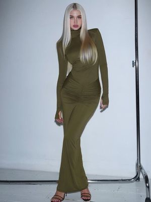 Maßgeschneiderte schlanke Farbe Hüft Wrap Kleid Hochhals Langärme