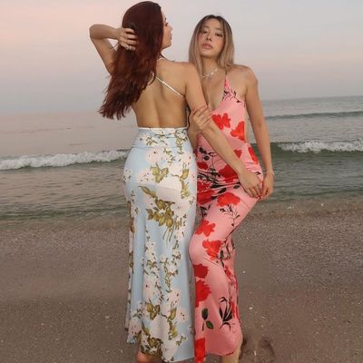 Sommer Stylische Damenkleid Druck Sexy Rückenlos U Hals Schlankes Halterkleid