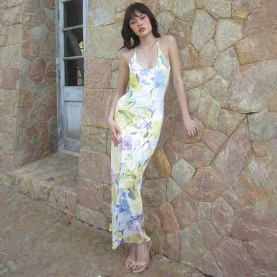 Sommer Stylische Damenkleid Druck Sexy Rückenlos U Hals Schlankes Halterkleid
