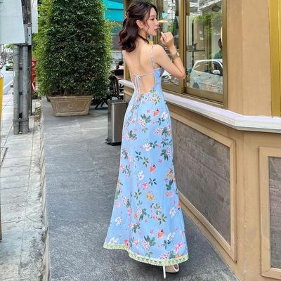 Sommerneue Modedruck sexy Rückenlose Spitze Halterkleid