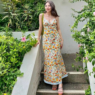 Sommerneue Modedruck sexy Rückenlose Spitze Halterkleid