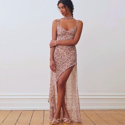 Neue Damen-Schnürsenkel blumig sexy rückgratlos Split Split Spitzenkleid