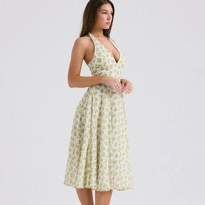 Custom-Frauen Sommer süße Wind Rückenlosen Halter Mode Blumenmuster Korsett Rock Kleid
