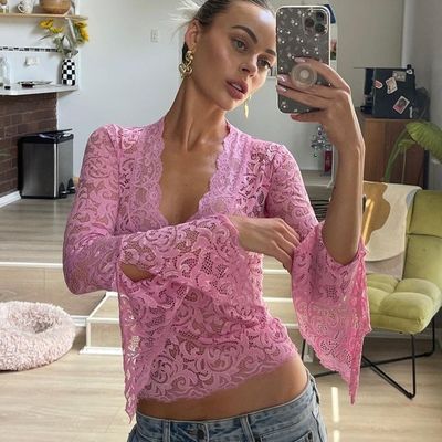 Neue sexy tiefe V schlanke Passform alles kurze Ernte kundenspezifische Spitze langer Ärmel Spice Girl Stil Spitze Top