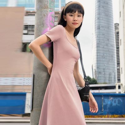 Fashion Street Photo Schlank Feste Farbe U-Hals Kurzärmeliges Kleid