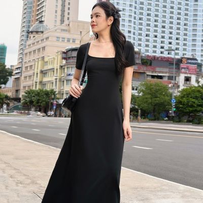Fashion Street Photo Schlank Feste Farbe U-Hals Kurzärmeliges Kleid