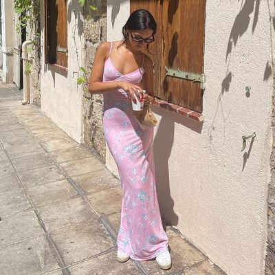 Sommer Neues V-Hals Sexy Rückenlos Digitaldruck Mittellange Halter Kleid