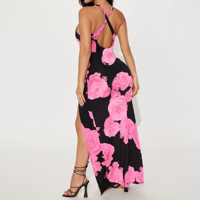 Damen-Mode-Druck-Langrock sexy Split Halter-Kleid