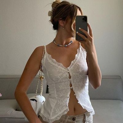 Amerikanische Spice Girl Spitze Spitze sexy V-Hals-Cardigan Schnalle Halter kleine Weste Top