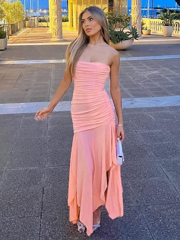 Massivfarbige Brustkleidung Schichten sexy Plättchenkleidung Unregelmäßiges Doppelschichtkleid