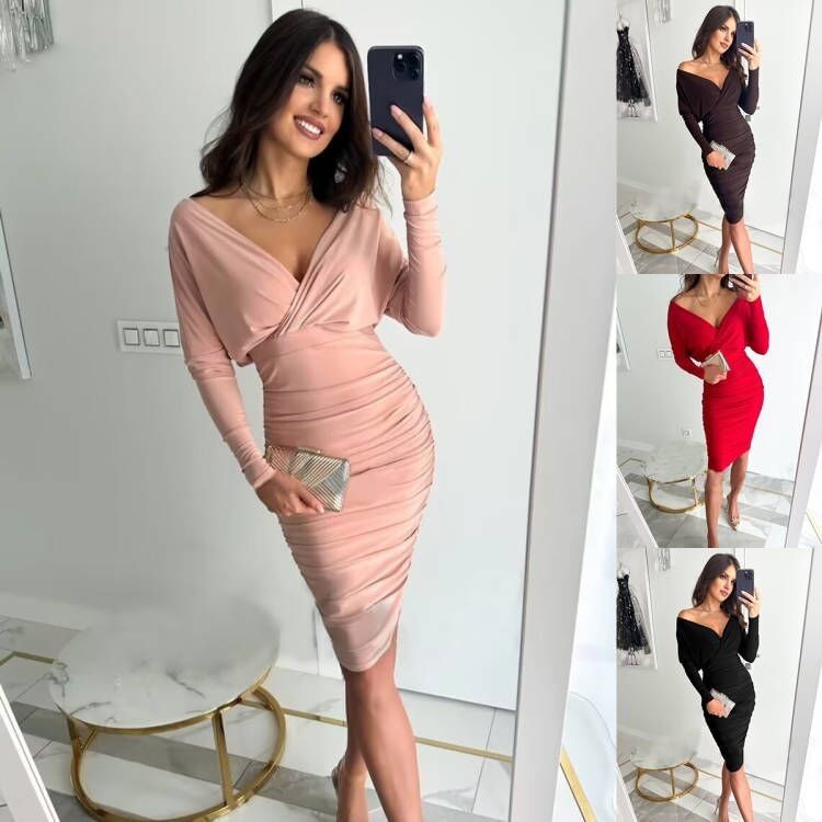 Modisches Paket Hüftkleid Langer Ärmel V Hals Sexy Taille Falte Hüft Wrap Kleid
