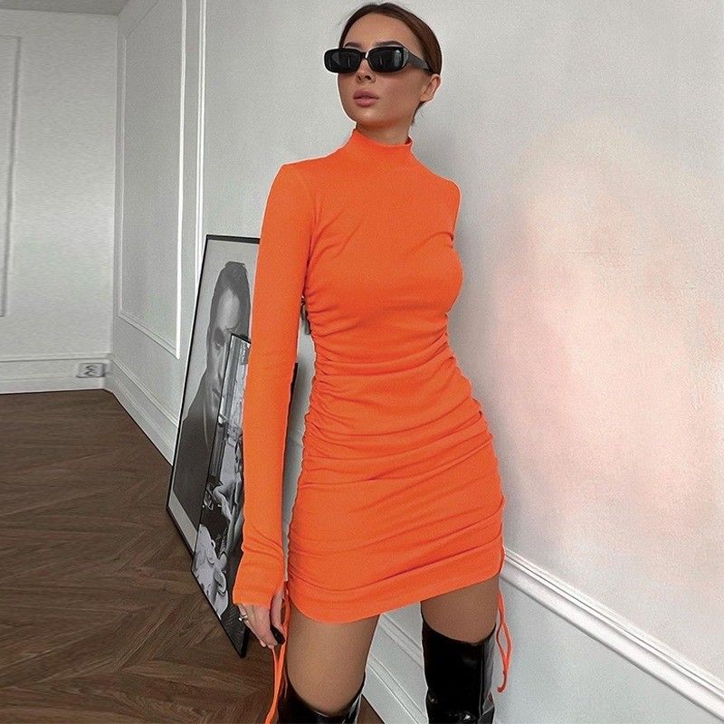 Mode schlanke Seite langer Ärmel Schnürkleid Massivfarbe sexy Geflättete Kleid
