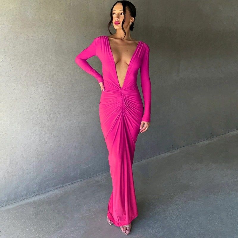 Rosa Rot Stylisches Damenkleid Schlank Sexy Großer V-Hals Kleid Rückenlos Falten Feste Farbe