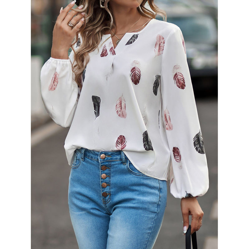 V-Hals-Feder-T-Shirt für Frauen Casual Loose Fit Long Sleeve Top