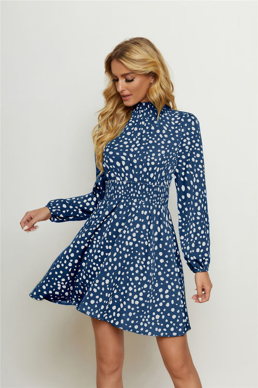 Runder Hochhals Floral Print Flock Fashion Frauen Laterne Langärme Floral Kleid