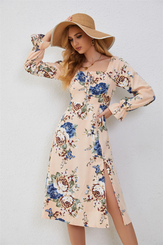 Elegante Blumenkleider für Frauen Mehrfarbige Mode-Druckkleid Flared Ärmel