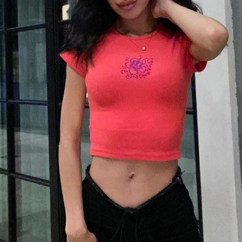 Runder Hals Sexy Enge T-Shirts Feste Farbe Sexy Crop Enge Passform Kurzärme Shirt