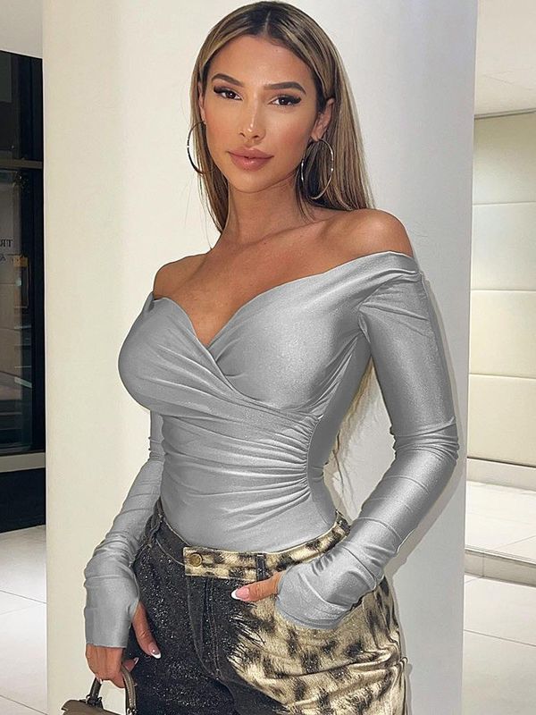 Komfortabel schlank fit V-Hals T-Shirt sexy Schal geflochten sexy dünnes Shirt eng langer Ärmel