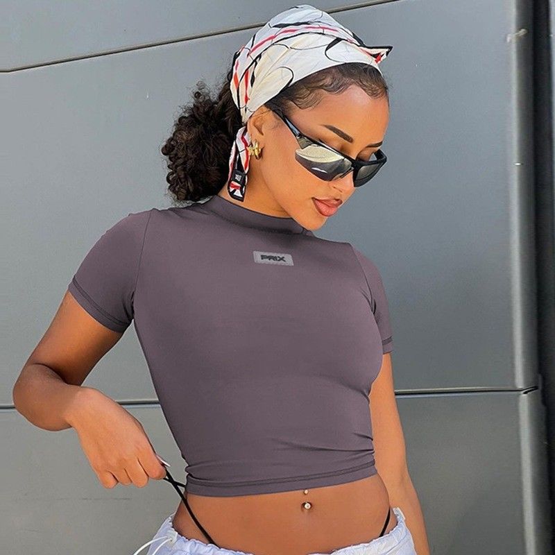 Mode Casual Sexy Enge T-Shirts Kurz Schlank Passend Runder Hals Crop Top
