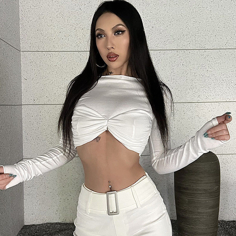 Ein-Linie-Hals-Sexy-Tight-Shirts Langärme-Festfarbe Weiß gefaltetes T-Shirt