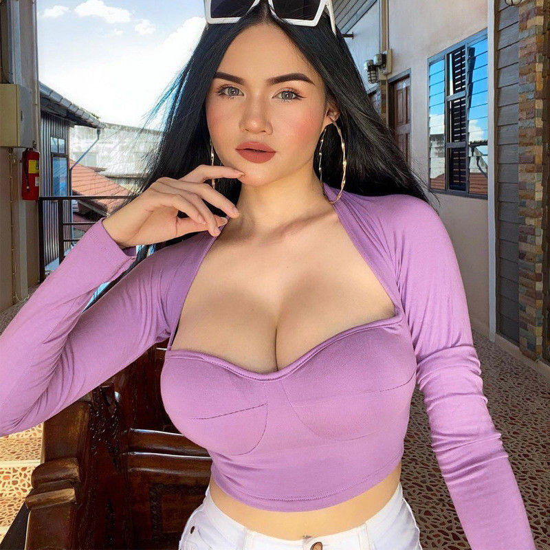 V-Hals Sexy Enge T-Shirts Slim Fit Sexy Enge Crop Tops Lange Ärmel Hals Kurz
