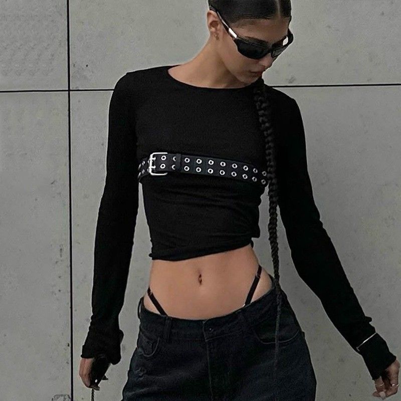 Fashion Spice Sexy Enge T-Shirts Runder Hals Schlank Langärme T-Shirt Solides Muster