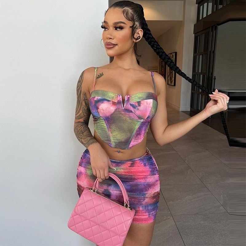 Fashion Crop Top Kurzrock Set Druck Halter Slim Fit 2 Stück Kurzrock Set