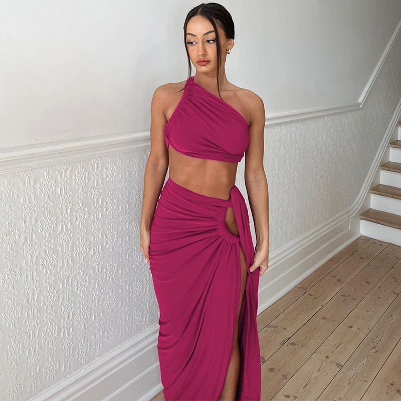 V Hals Damenkurzärmel Kleid Kollektion Sexy Rückenlos Gürtellos Top Slim Split Skirt Set