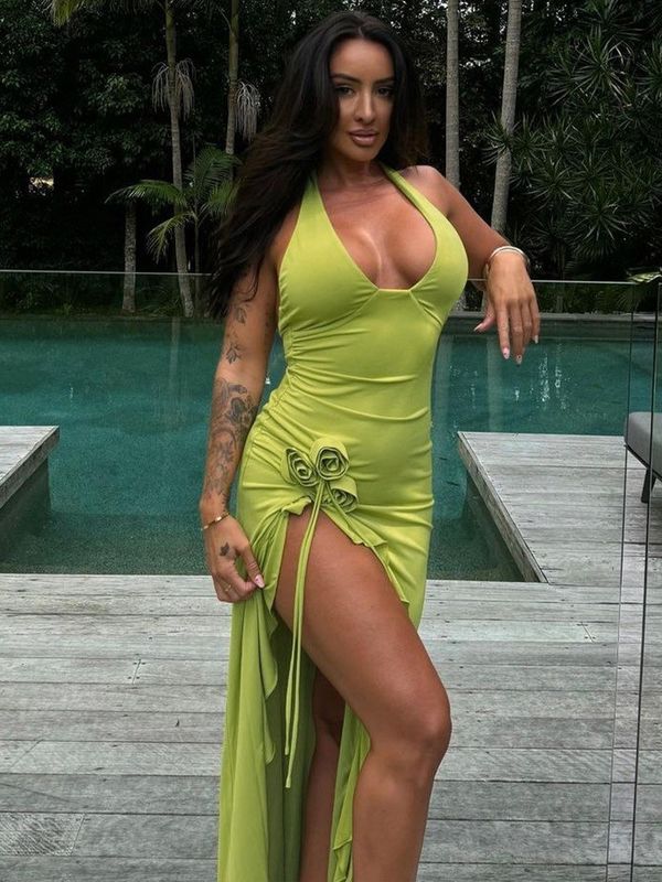 Custom Frühjahr und Sommer Neue Mode Sexy Feste Farbe Schlanke Hohe Taille V-Hals Halter Kleid Frau
