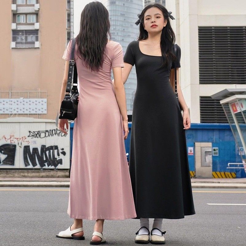 Fashion Street Photo Schlank Feste Farbe U-Hals Kurzärmeliges Kleid